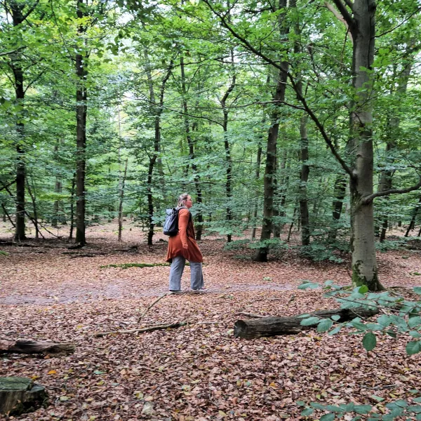 Foto van Sietske, wandelend in het bos, geschoten vanaf een afstand